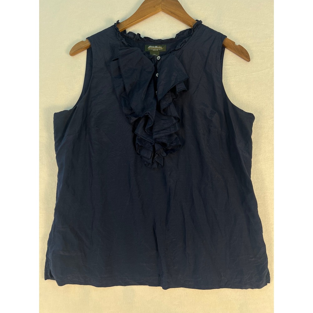 Eddie Bauer Ruffle Tank Top Wm L Navy Blue Cotton Silk Sleeveless Minimal Luxury